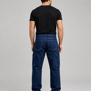 Men's dark indigo cargo jeans H411 back view