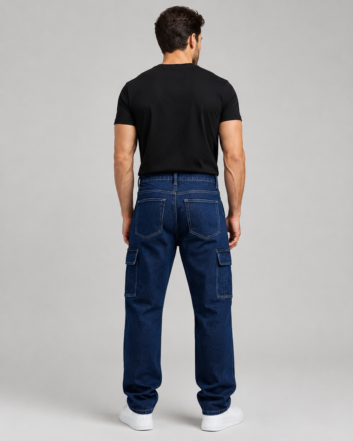 Men's dark indigo cargo jeans H411 back view