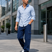 Men's dark wash cargo jeans H411 business casual commute