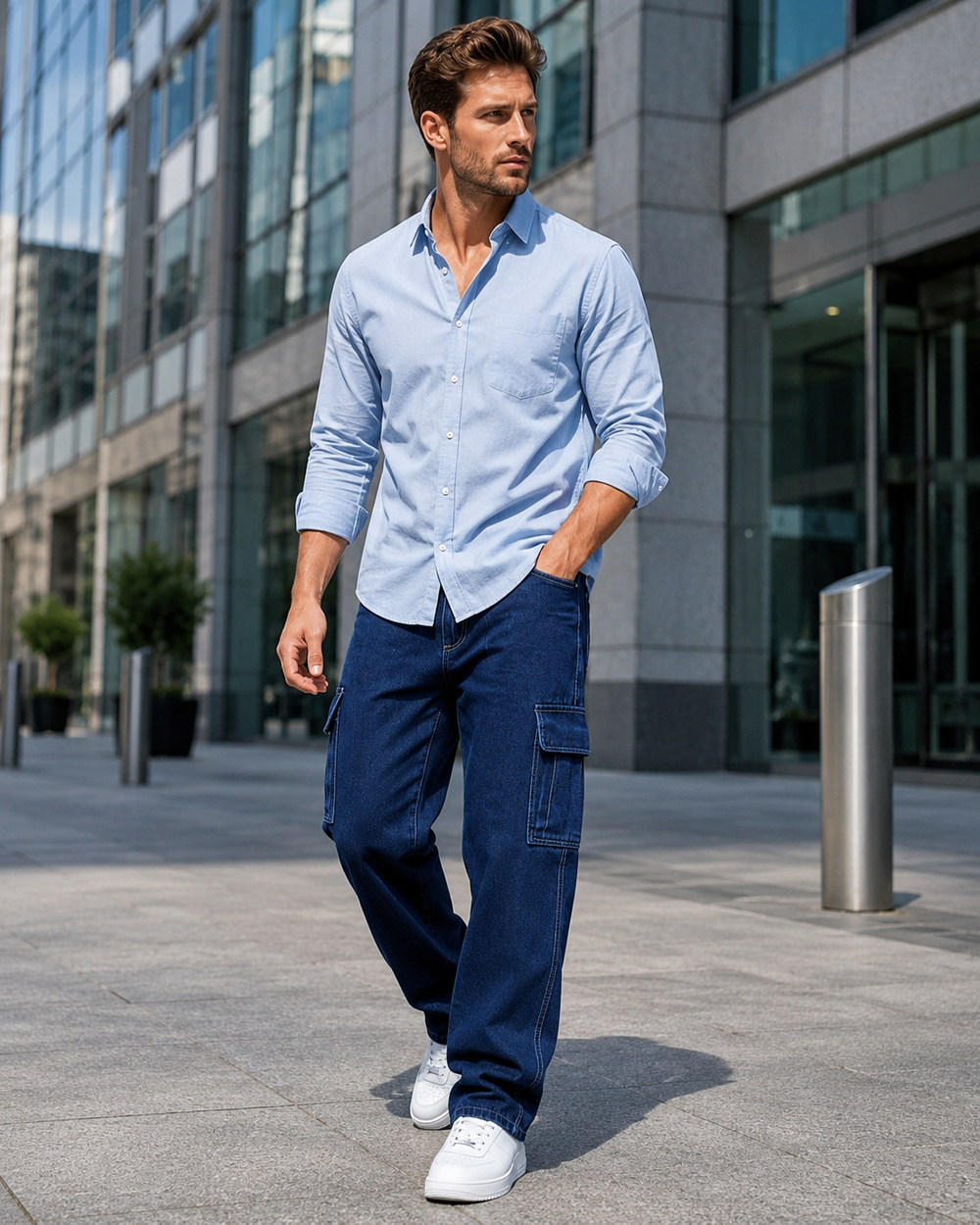 Men's dark wash cargo jeans H411 business casual commute