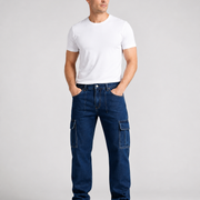 Men's dark wash stretch straight leg cargo jeans H411 front view