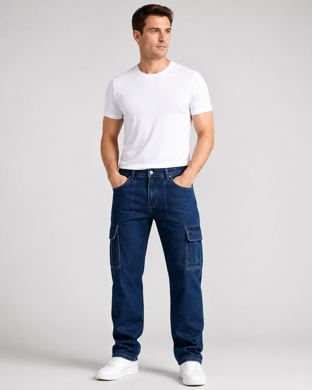 Men's dark wash stretch straight leg cargo jeans H411 front view