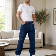 Men's dark wash cargo jeans H411 home casual look