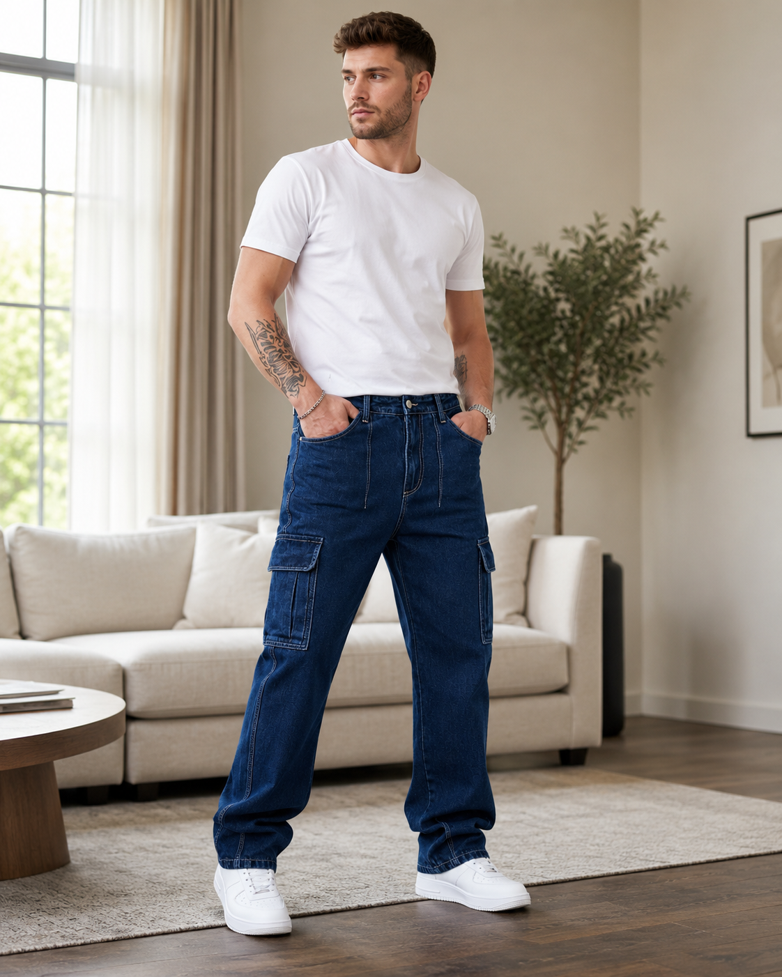 Men's dark wash cargo jeans H411 home casual look