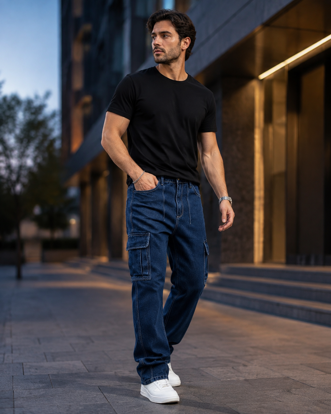 Men's dark indigo cargo jeans H411 high street look