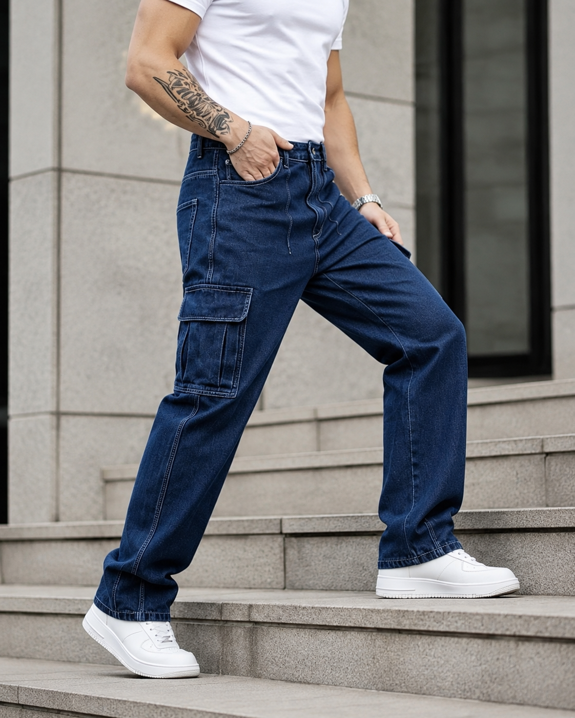 Men's straight leg cargo jeans H411 step action