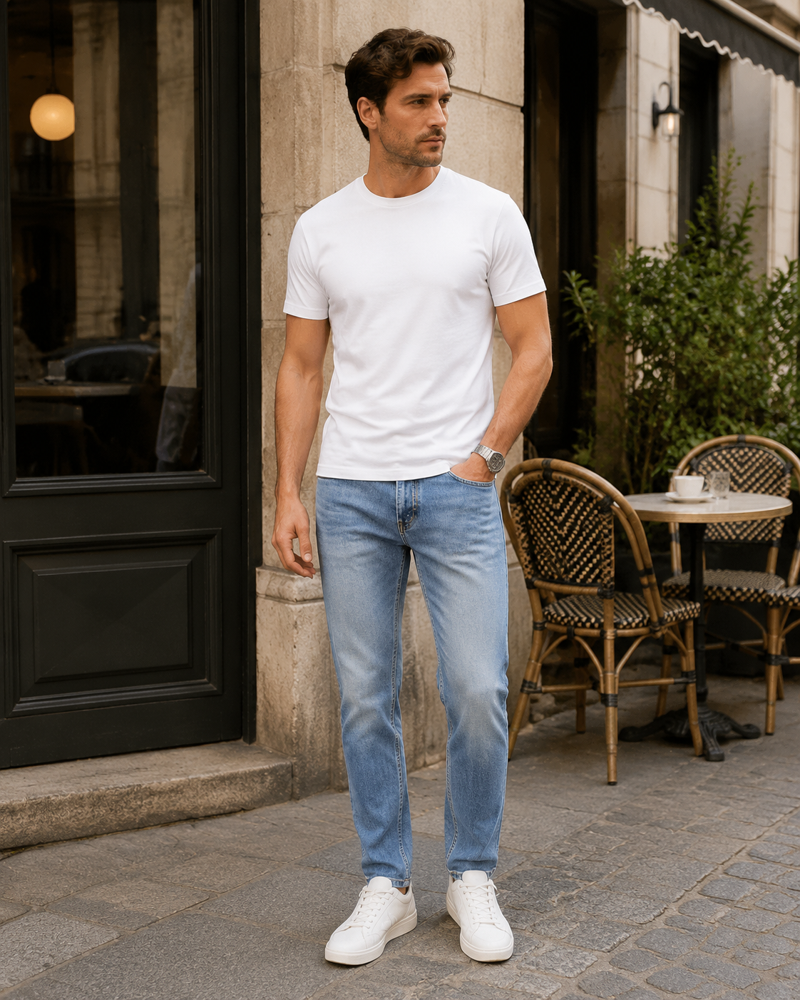 Men's light wash casual jeans H421 cafe lifestyle