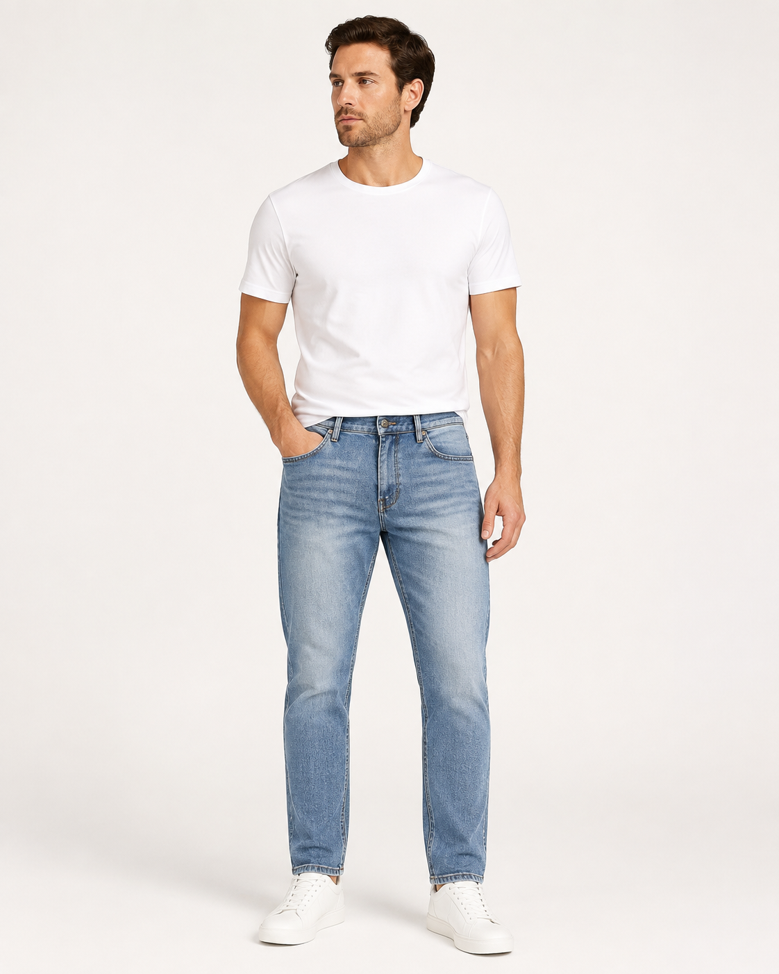 Men's light blue stretch slim fit straight leg jeans H421 front view