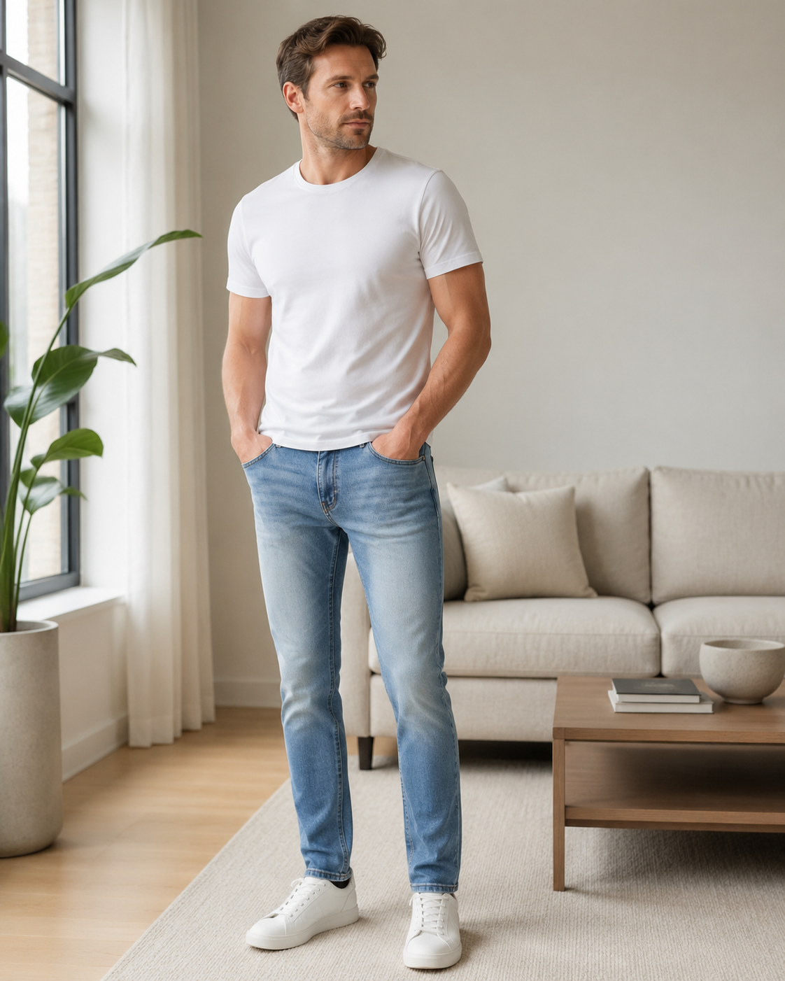 Men's light blue jeans H421 casual home look