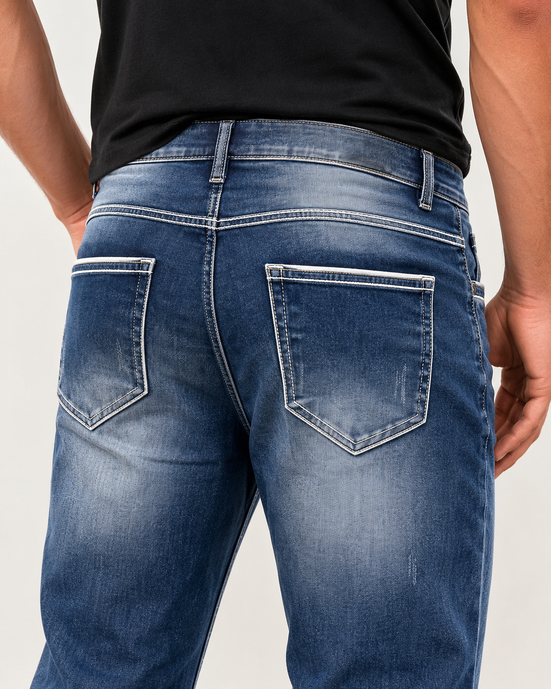 H423 blue jeans contrast stitch back pocket detail