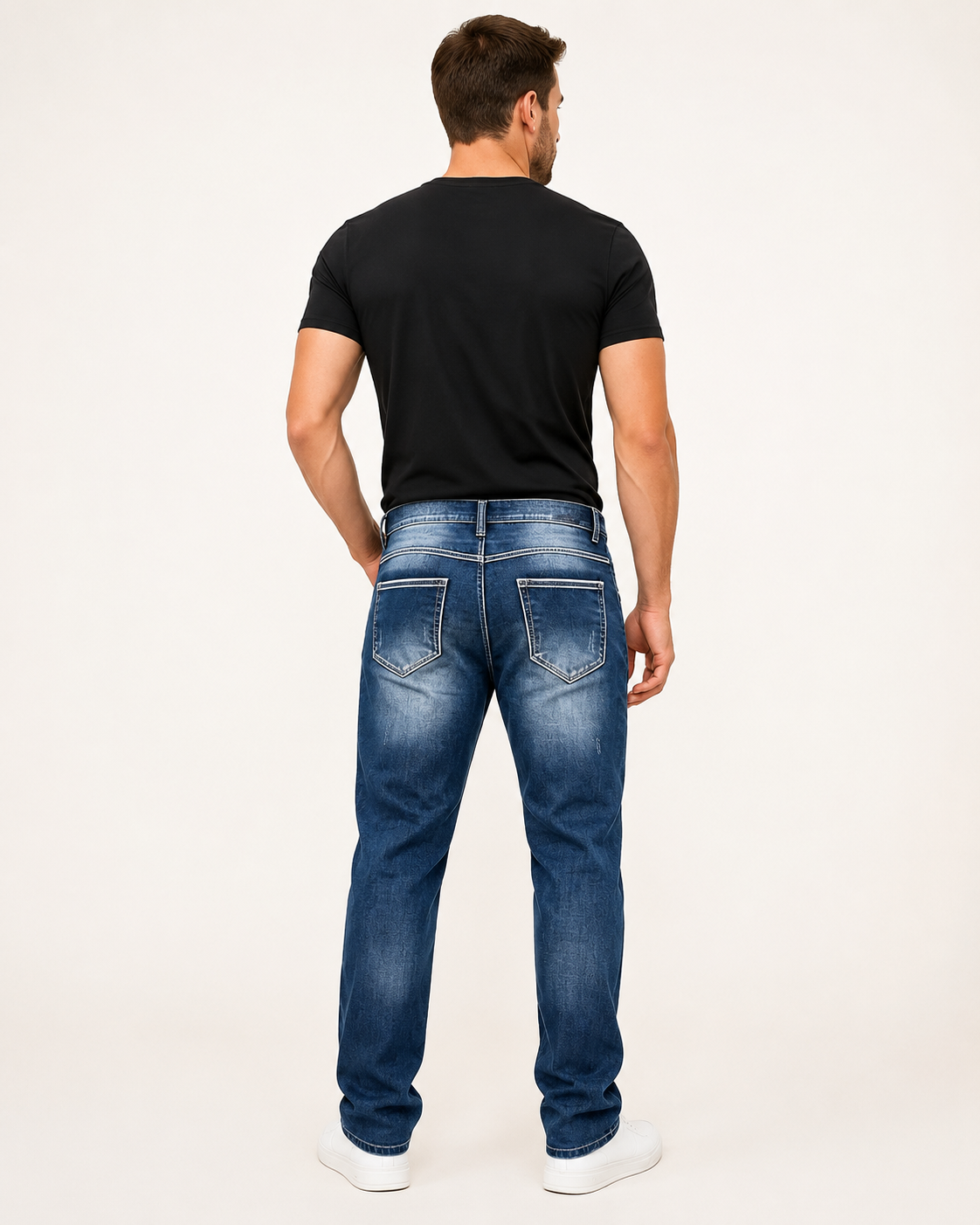 Men's blue stretch straight leg jeans H423 back view