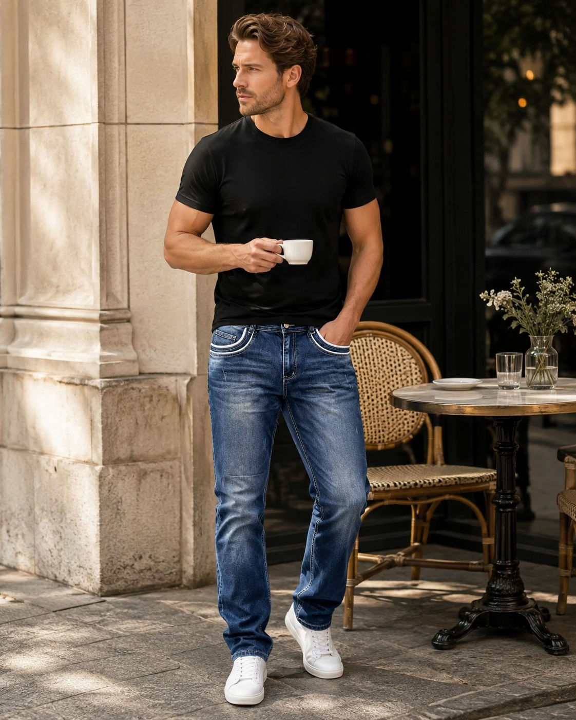 Men's casual blue jeans H423 cafe lifestyle