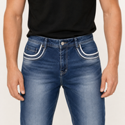 H423 blue jeans white piping front pocket detail