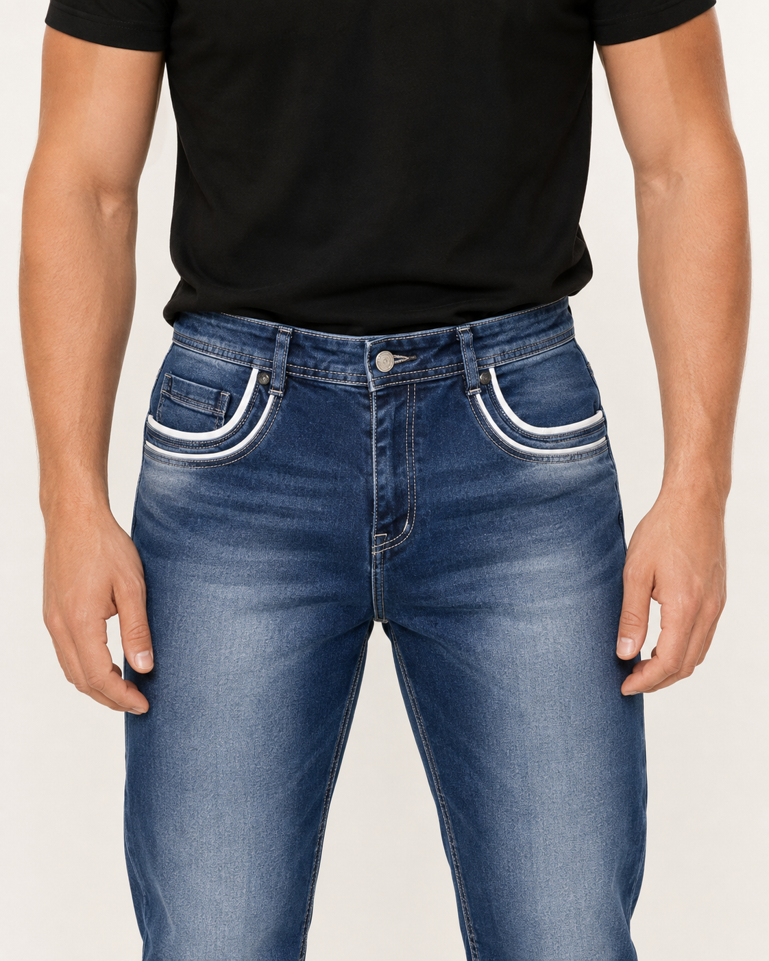 H423 blue jeans white piping front pocket detail