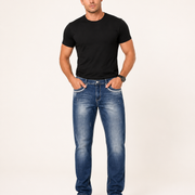 Men's blue stretch slim fit straight leg jeans H423 front view