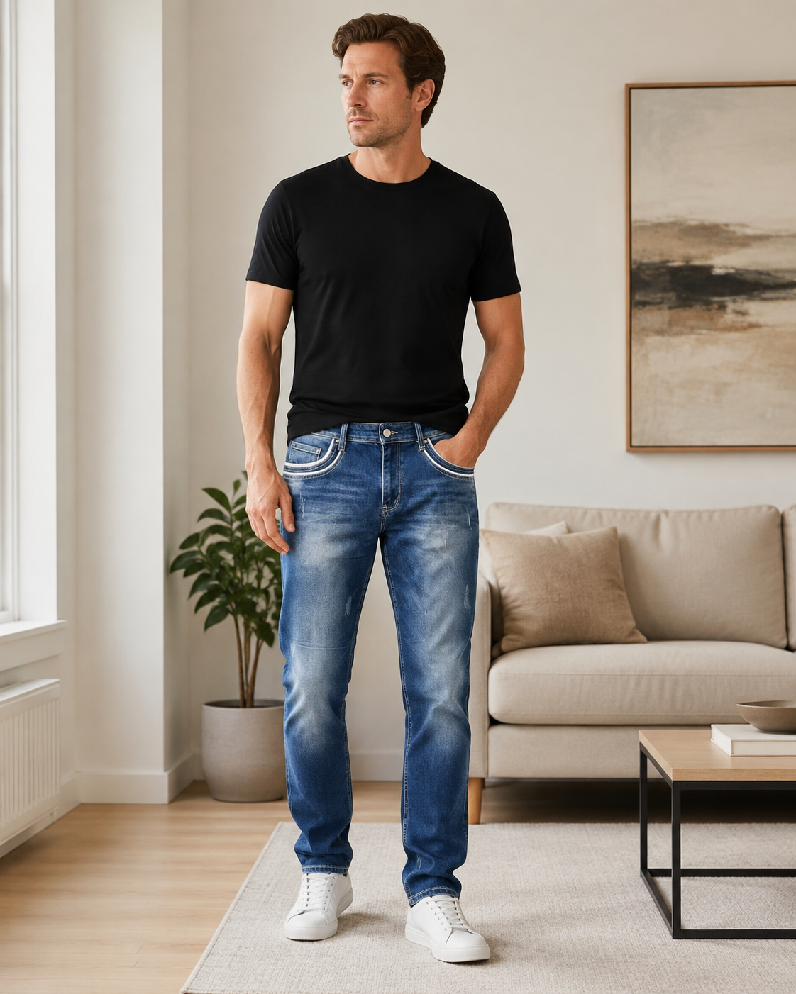 Men's blue stretch jeans H423 home casual look