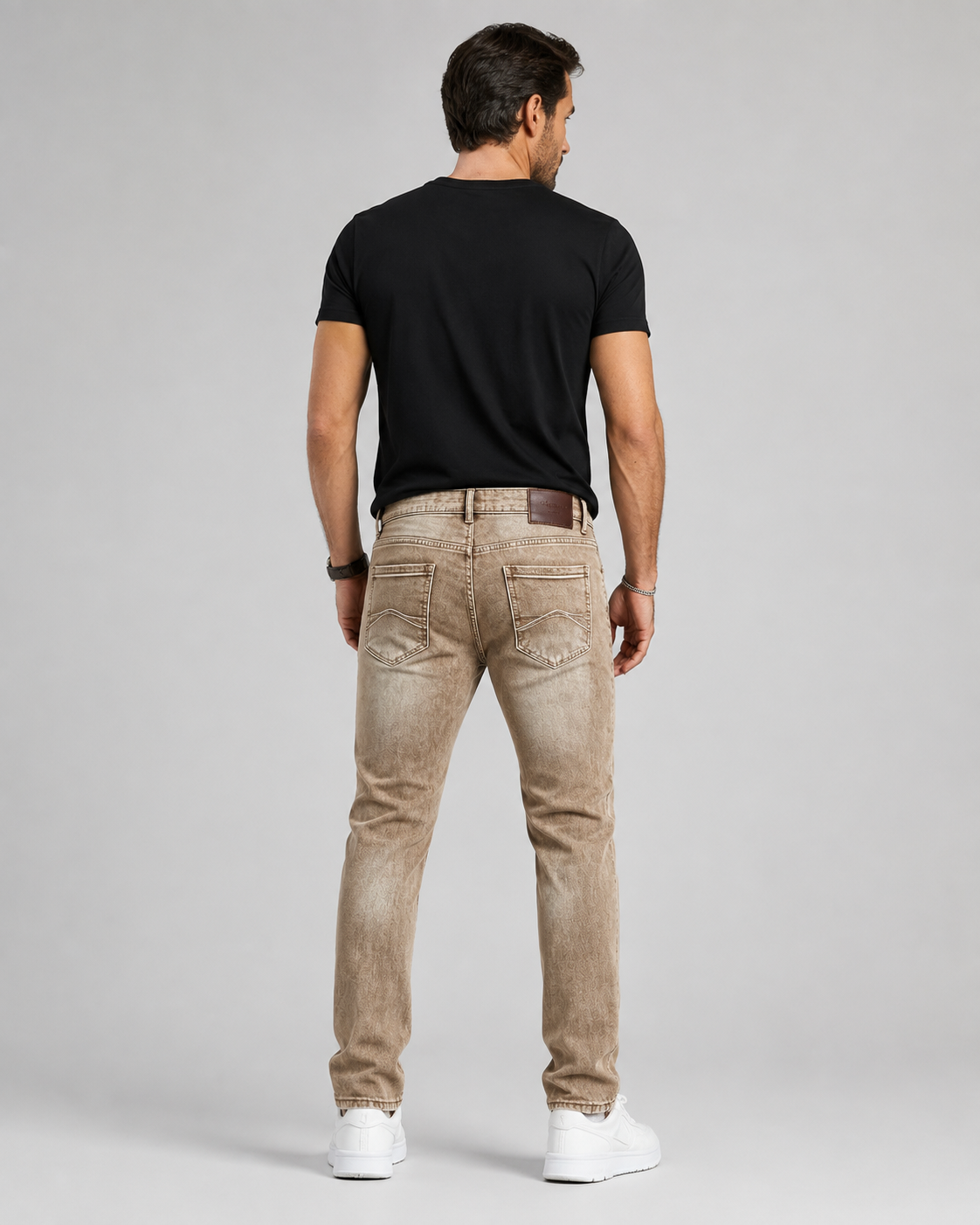 H425 khaki washed stretch jeans back view
