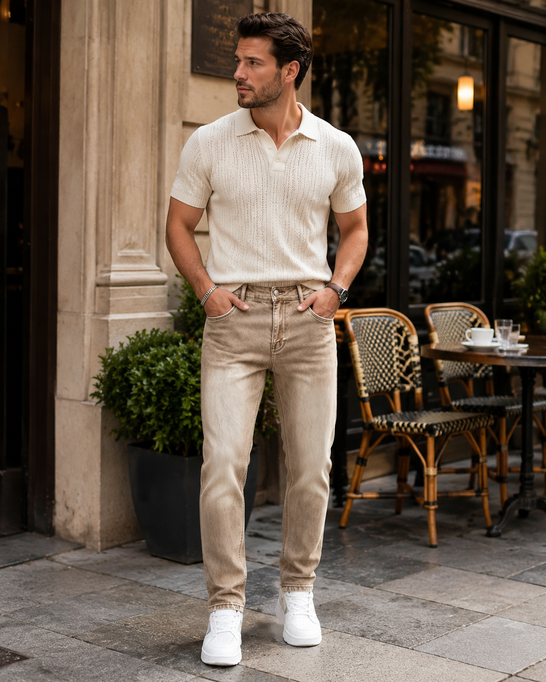 H425 khaki jeans cafe outfit