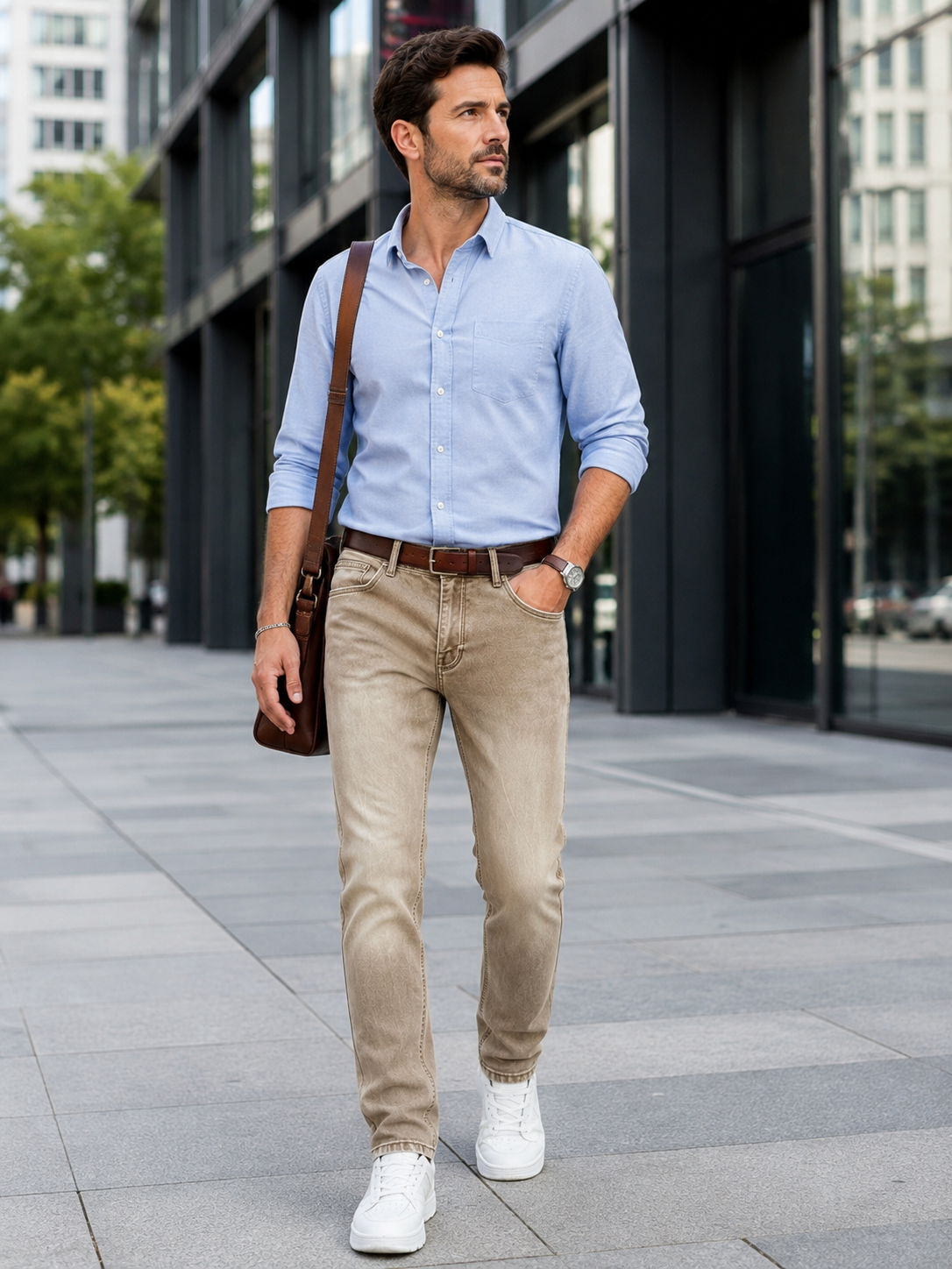 H425 khaki jeans business casual commute outfit