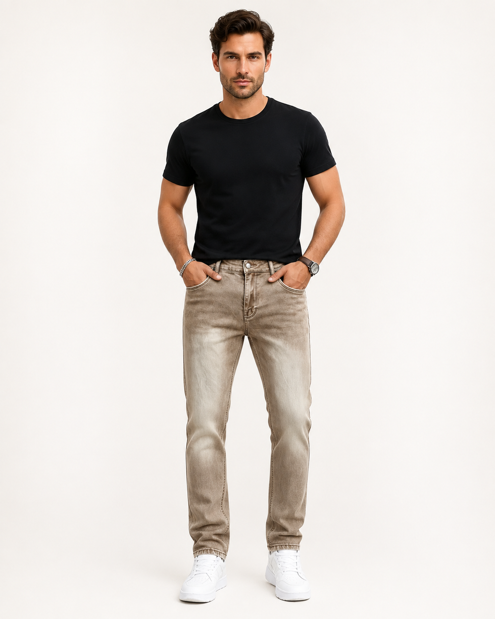 H425 khaki washed stretch jeans front view