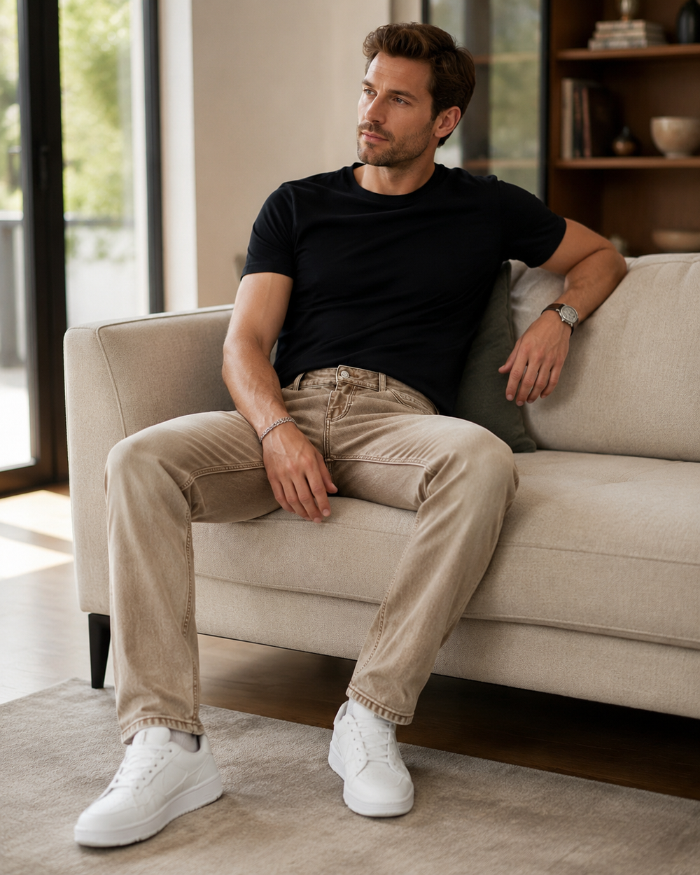 H425 khaki jeans home outfit