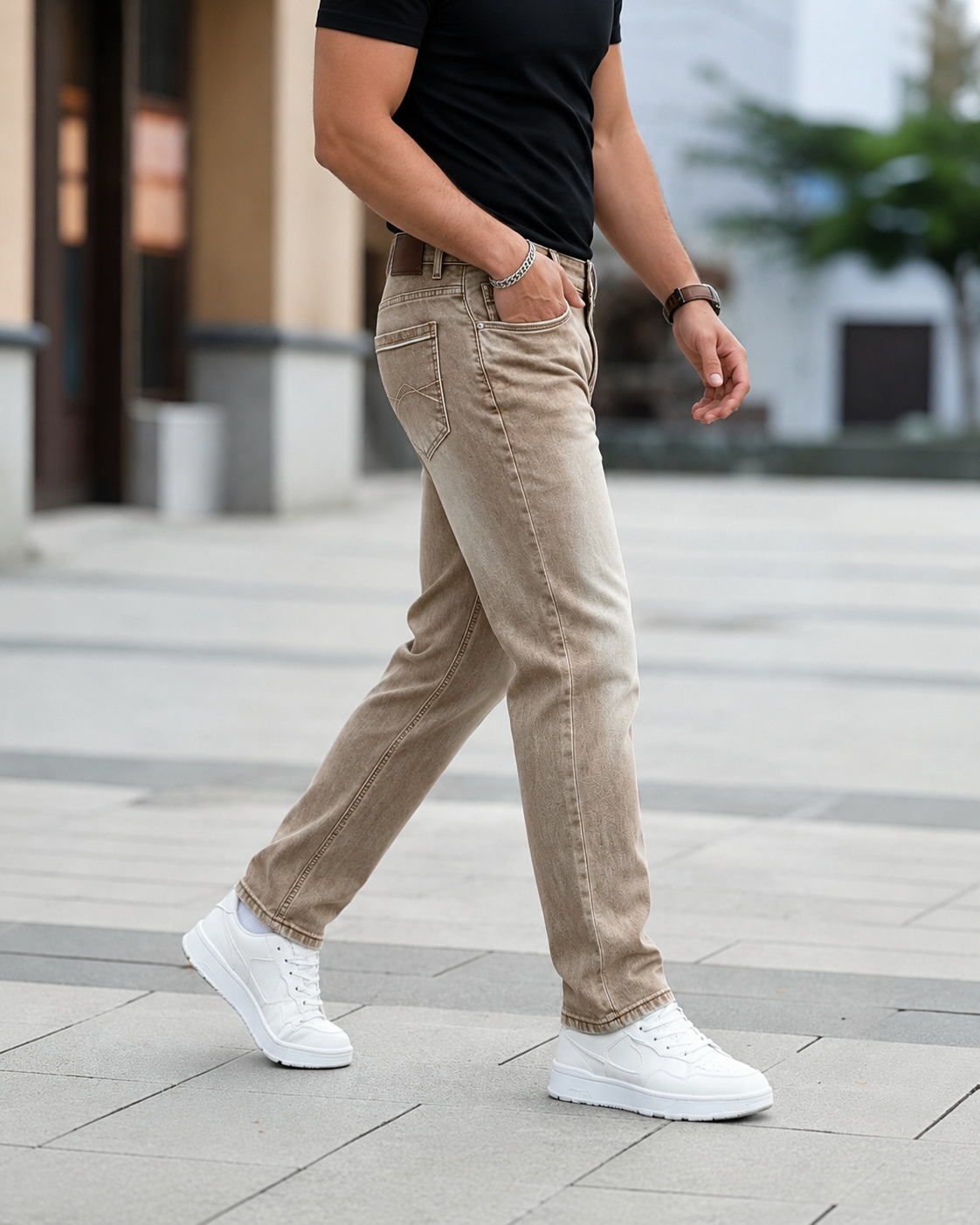 H425 khaki jeans side walking view