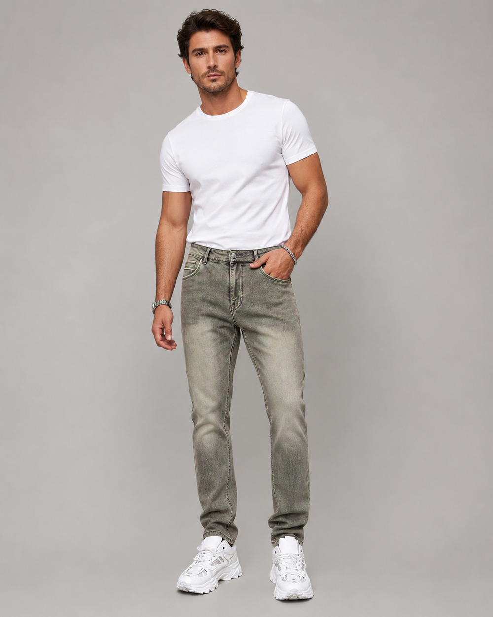 H427 olive gray gradient wash jeans front view