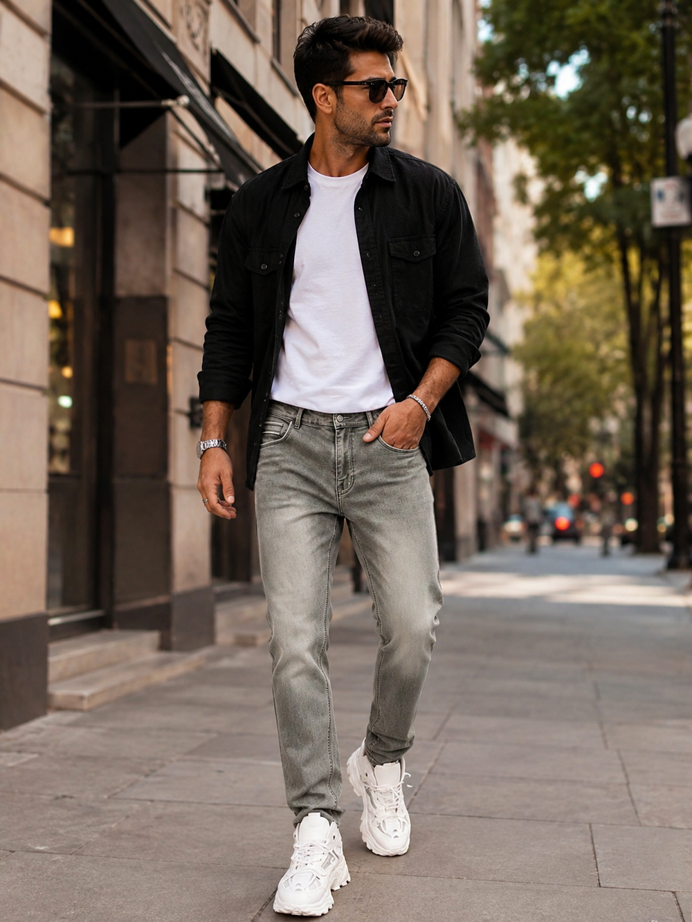 H427 olive gray jeans high street outfit