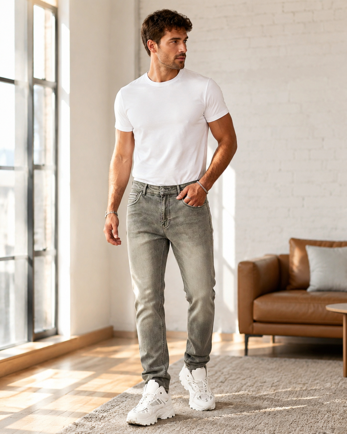 H427 olive gray jeans home outfit