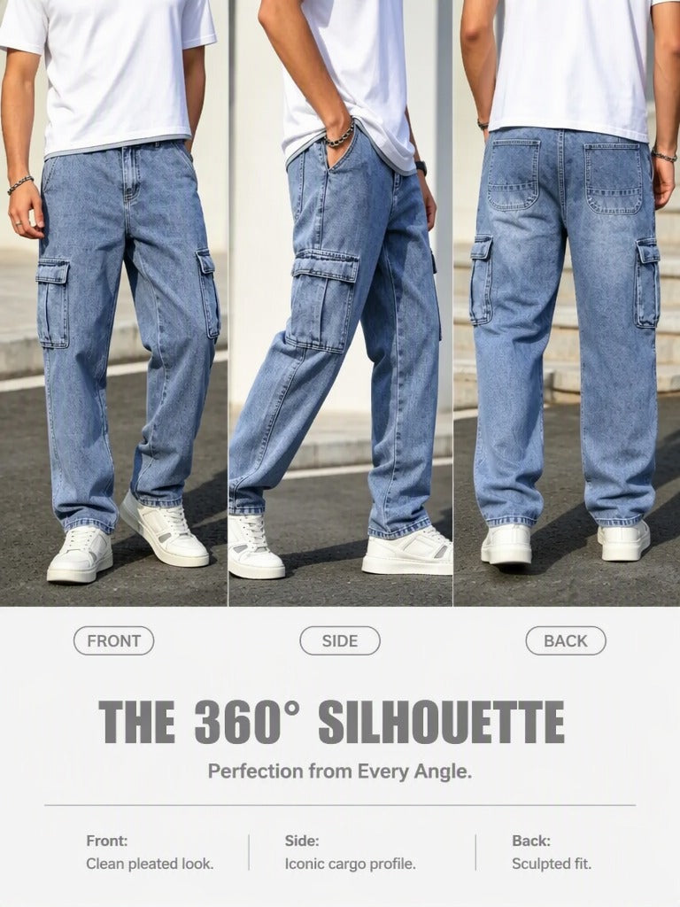 Men's Loose-Fit Straight-Leg Cargo Jeans – Casual, Versatile Style with Pocket Details-H401