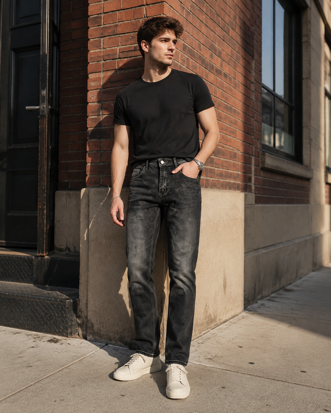 Men's Trendy High-Street Slim-Fit Biker-Style Straight-Leg Jeans-H096