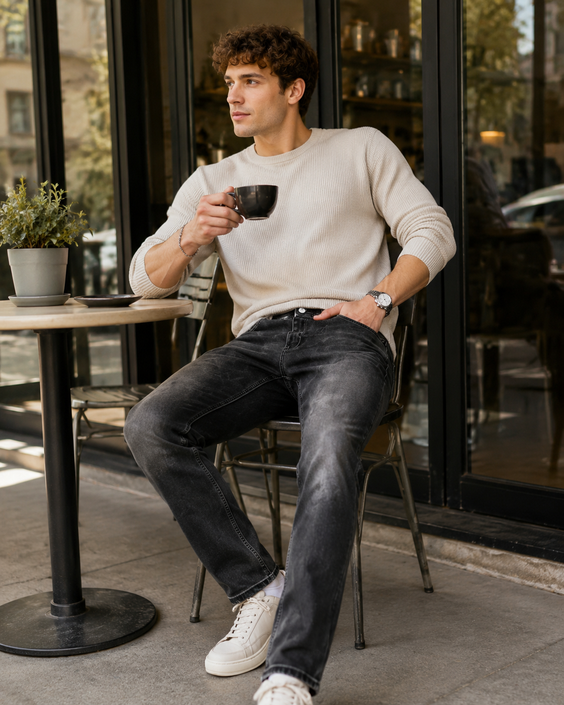 Men's Trendy High-Street Slim-Fit Biker-Style Straight-Leg Jeans-H096